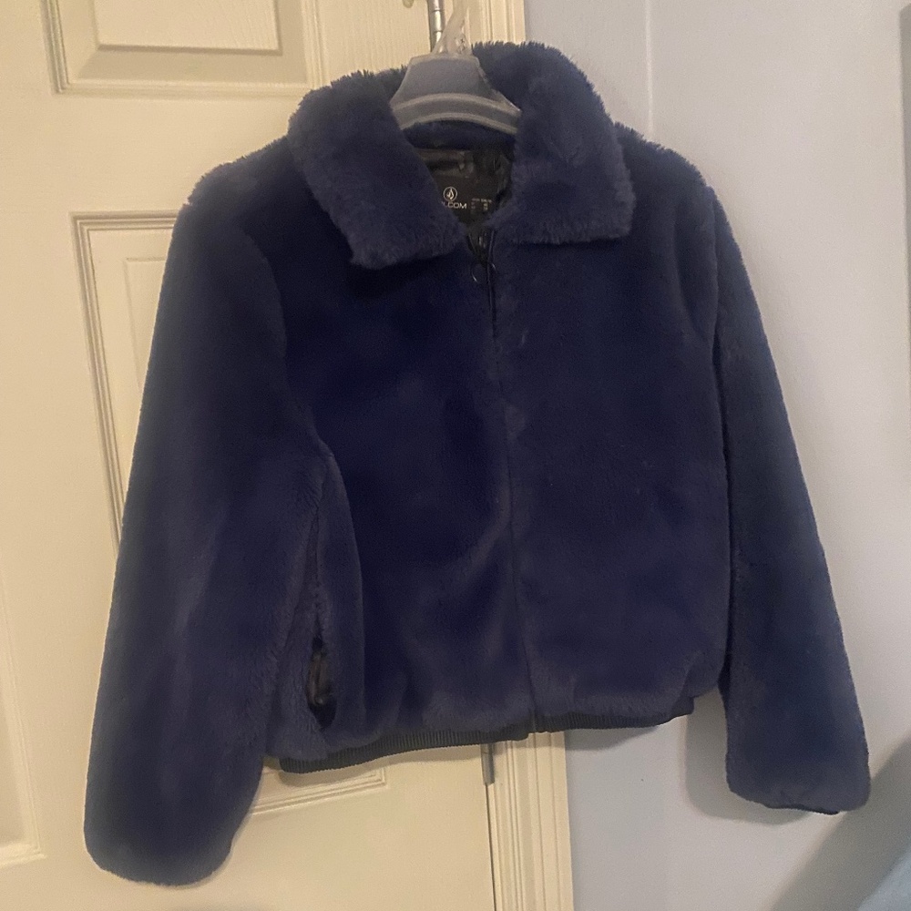 Volcom rich blue teddy coat 16w cropped faux fur jacket